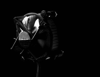 Elegant black and white photo of a CPU cooler with dramatic shadows, perfect for technology themes.